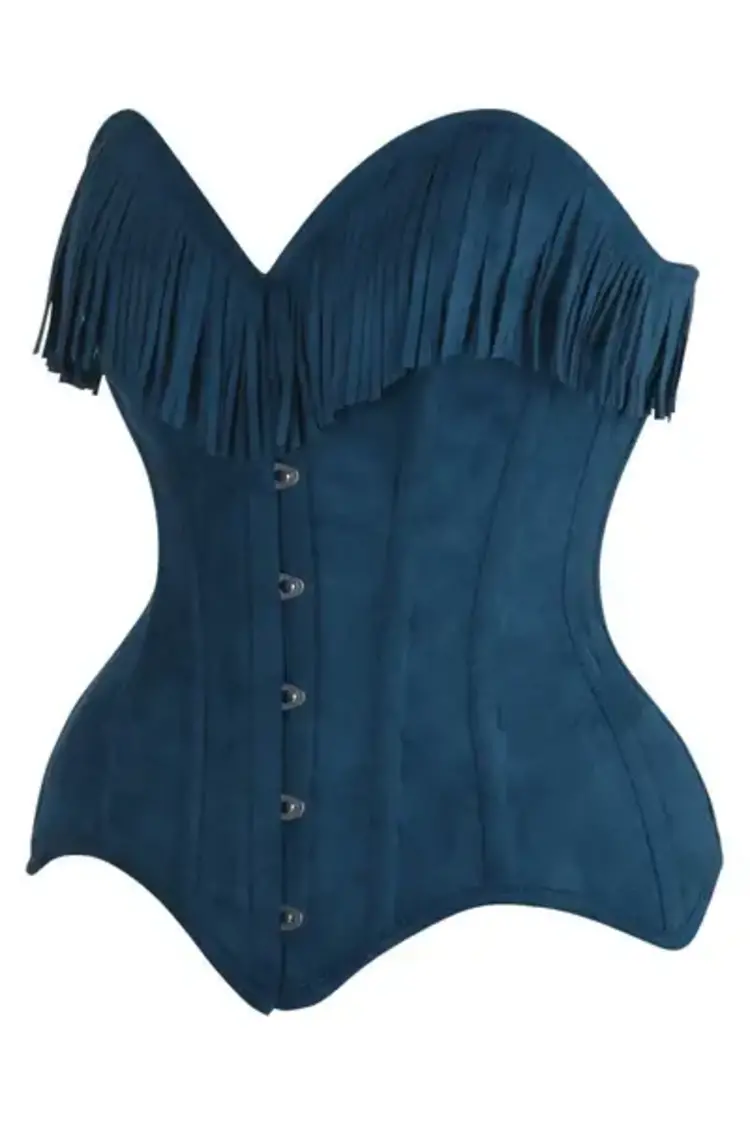 Blue Suede Steel Boned Overbust Corset w/ Fringe