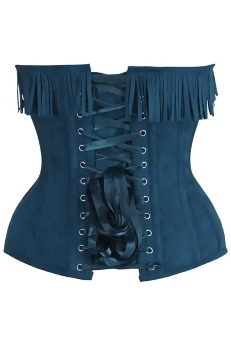 Blue Suede Steel Boned Overbust Corset w/ Fringe