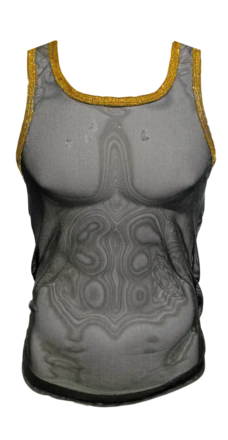 Contrast Glitter Trim Mesh Tank - Black Gold