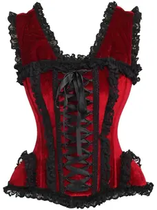 Red Velvet & Lace Steel Boned Corset w/ Cap Sleeves