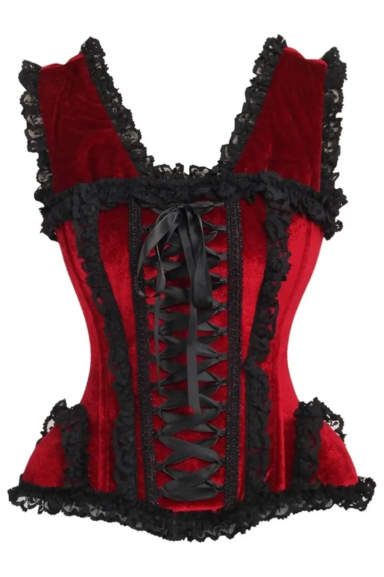 Red Velvet & Lace Steel Boned Corset w/ Cap Sleeves