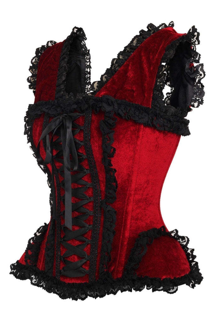 Red Velvet & Lace Steel Boned Corset w/ Cap Sleeves