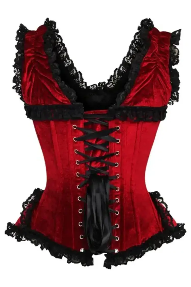 Red Velvet & Lace Steel Boned Corset w/ Cap Sleeves