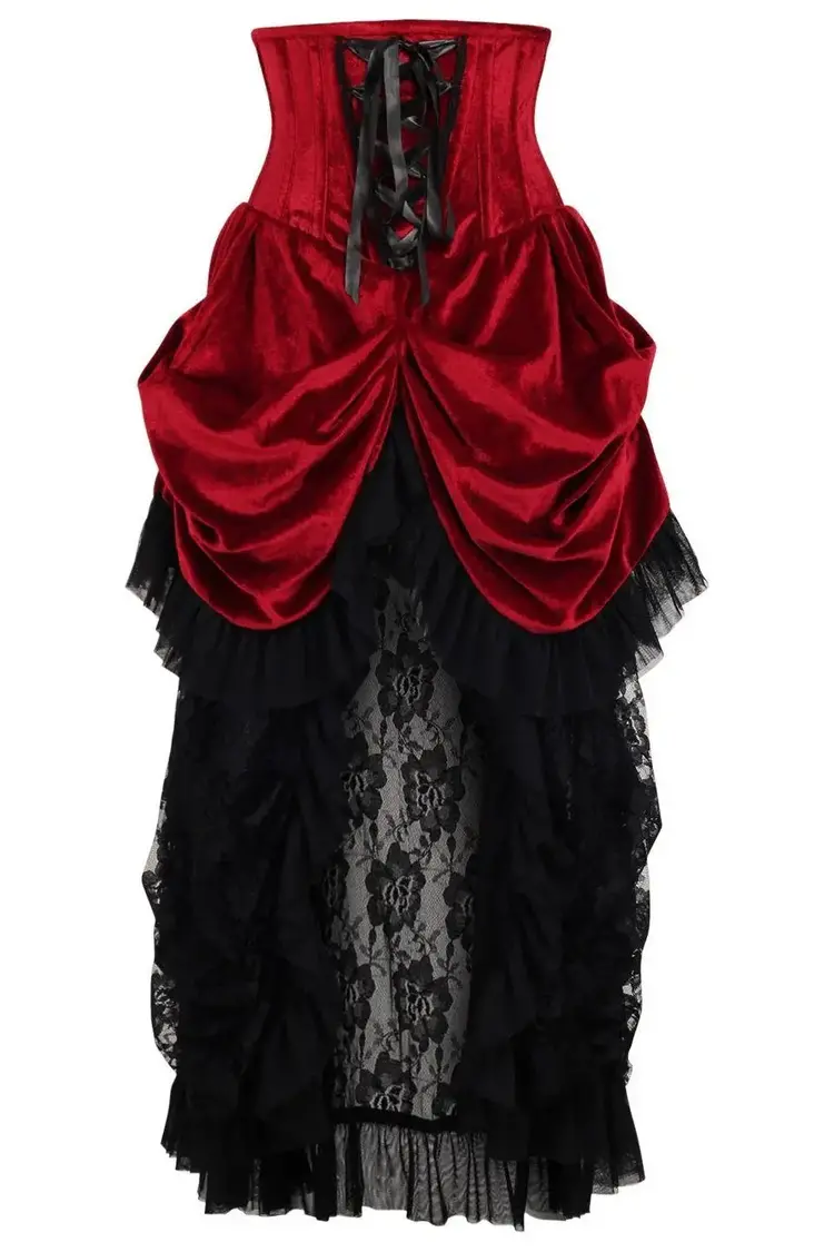 Steel Boned Dark Red Velvet Victorian Bustle Underbust Corset Dress