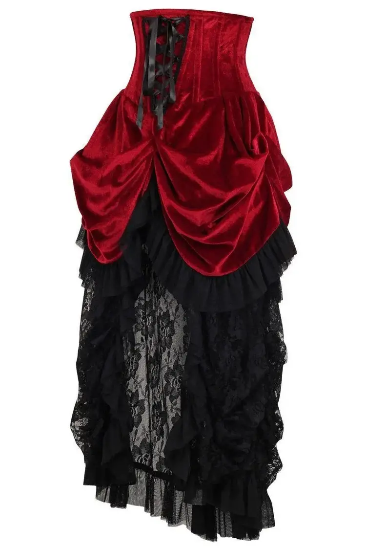 Steel Boned Dark Red Velvet Victorian Bustle Underbust Corset Dress