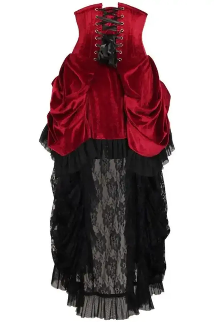 Steel Boned Dark Red Velvet Victorian Bustle Underbust Corset Dress