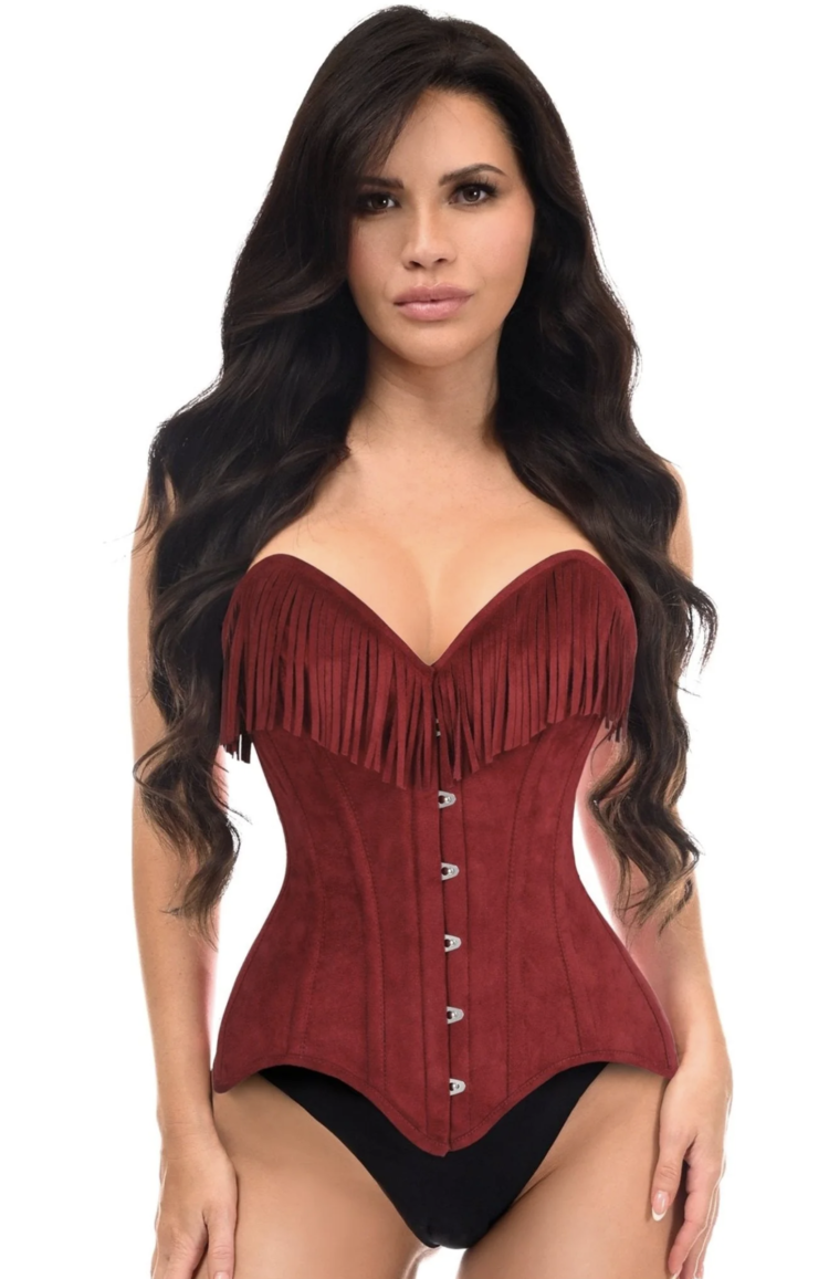 Red Suede Steel Boned Overbust Corset w/ Fringe