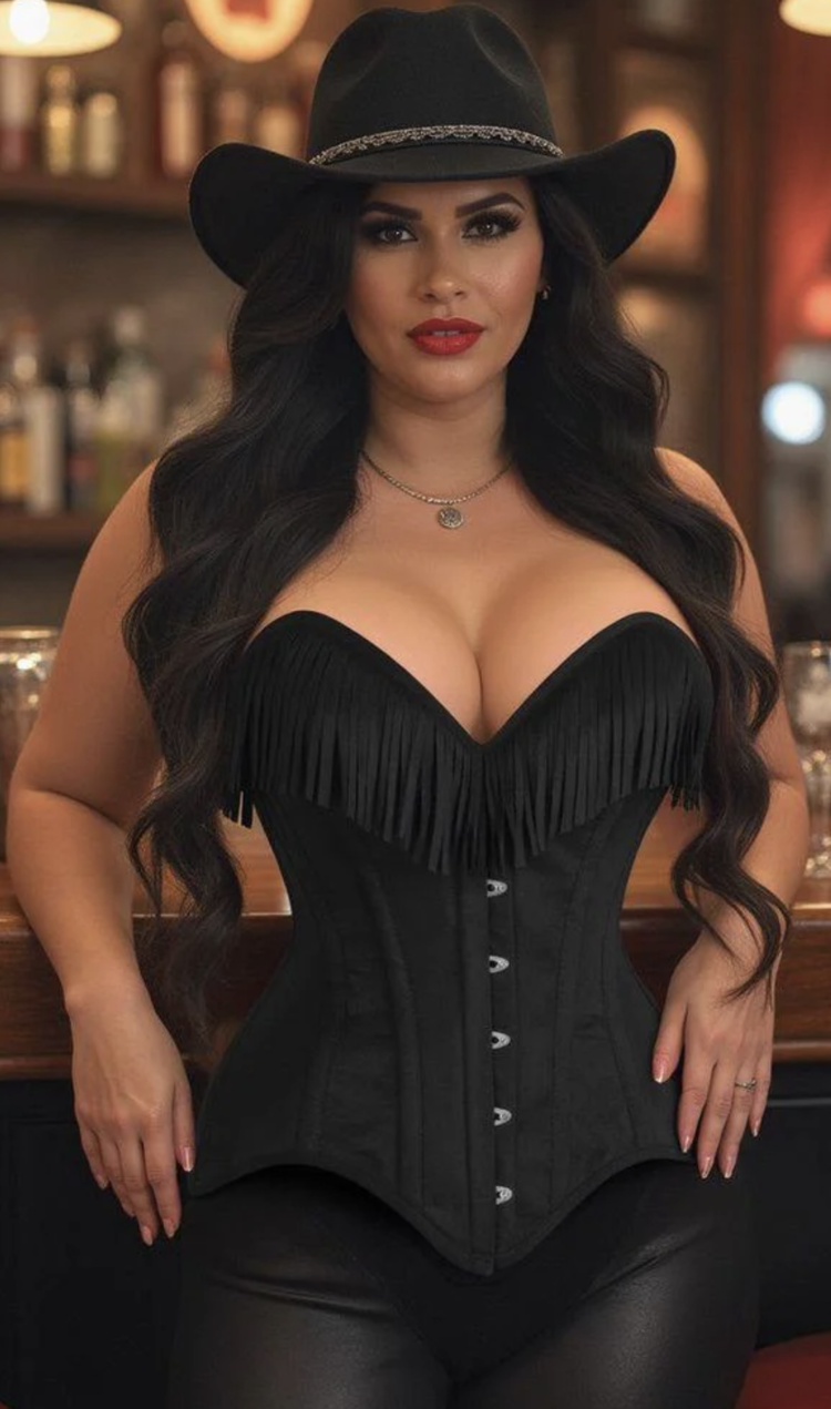 Black Suede Steel Boned Overbust Corset w/ Fringe