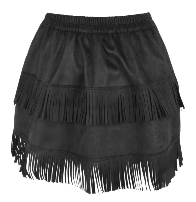 Black Suede Ruched Bustle Skirt w/ Fringe