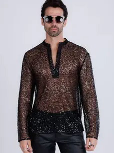 Black Sheer Sequin Long Sleeve V-Neck Shirt