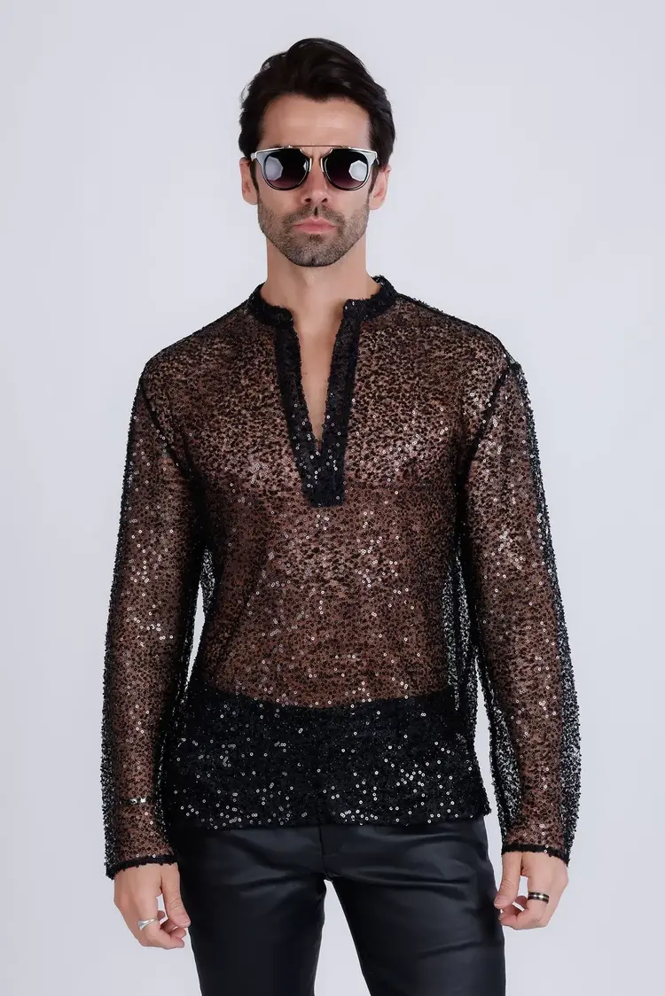 Black Sheer Sequin Long Sleeve V-Neck Shirt