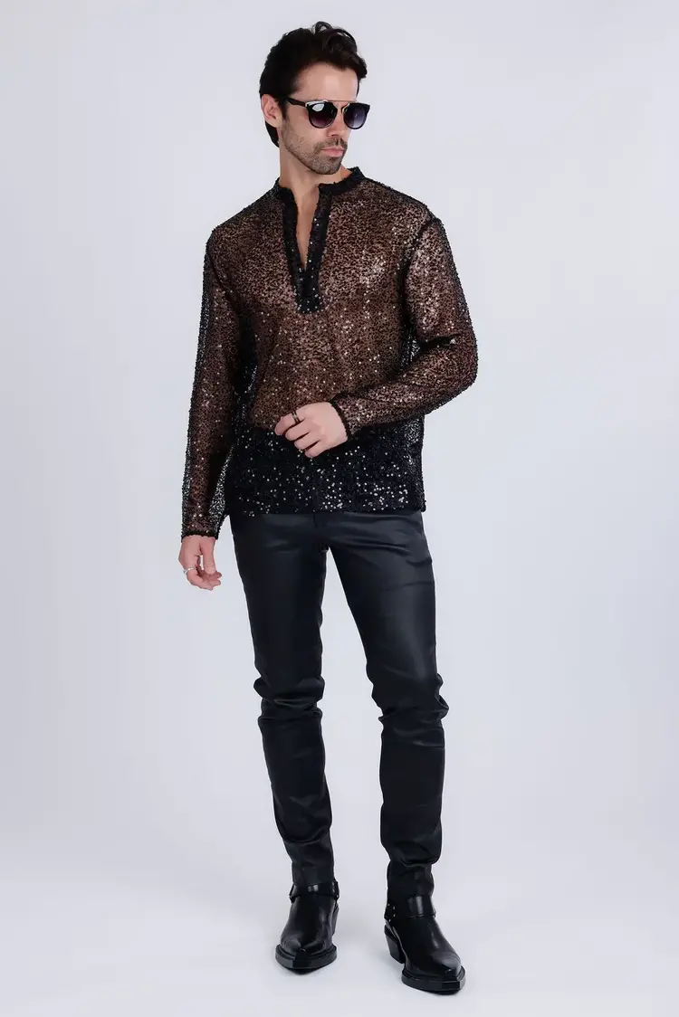 Black Sheer Sequin Long Sleeve V-Neck Shirt