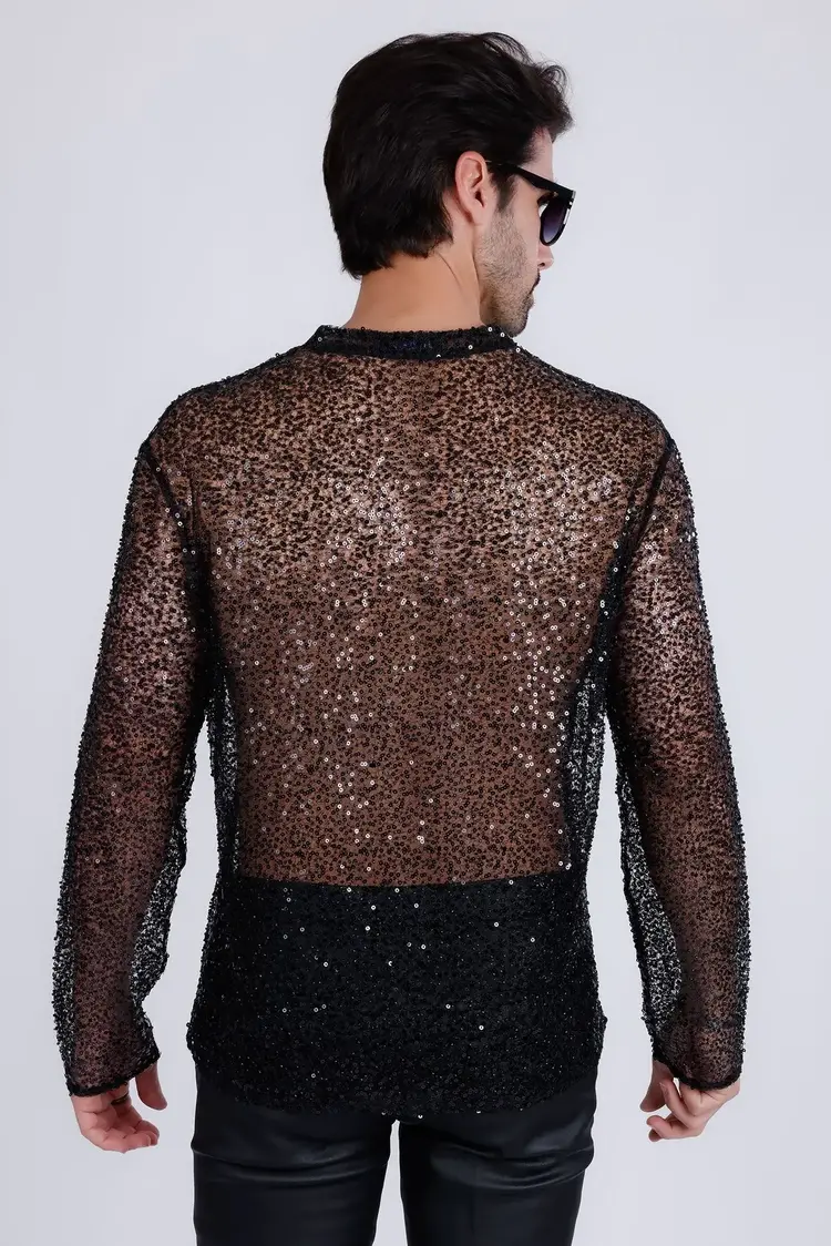 Black Sheer Sequin Long Sleeve V-Neck Shirt