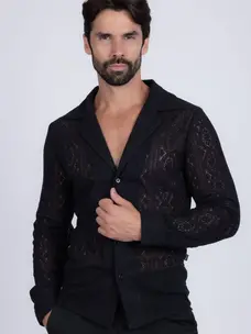 Black Lace Collared Long Sleeve Button Down Shirt