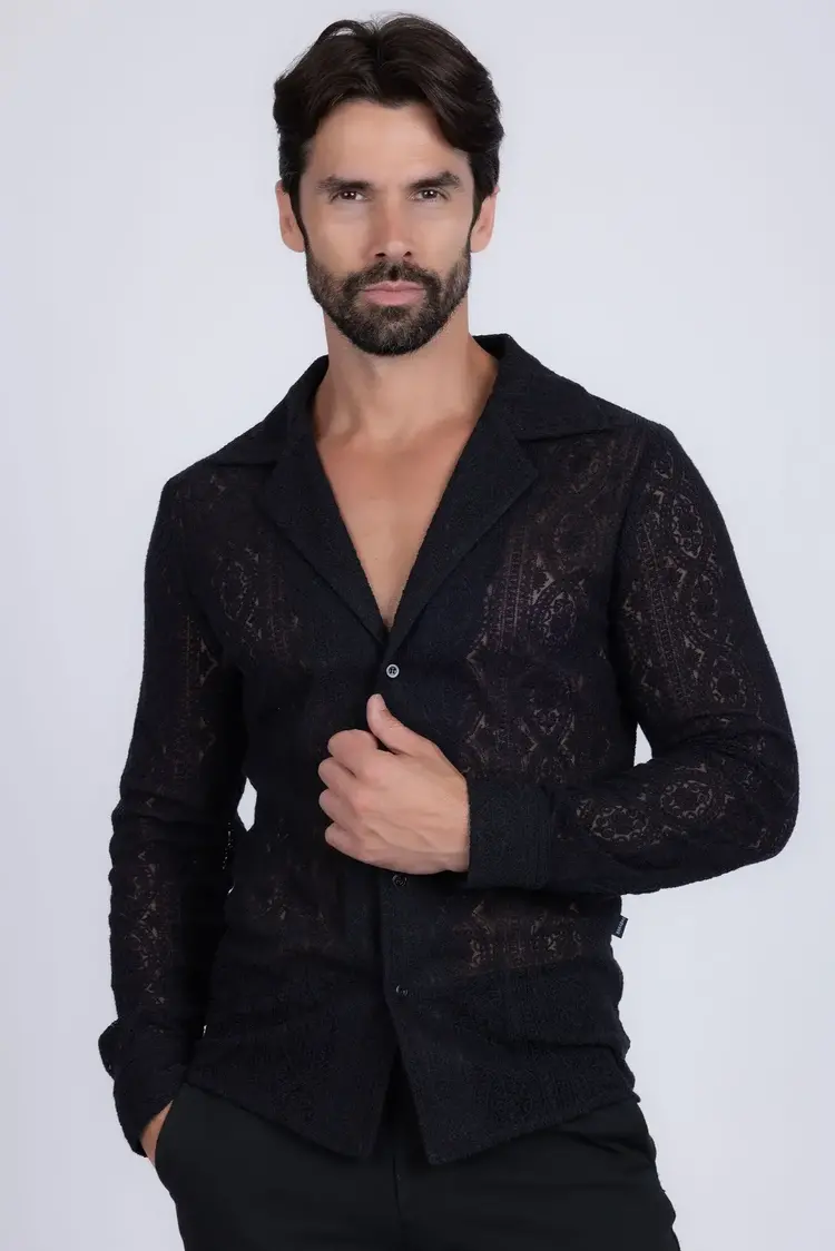 Black Lace Collared Long Sleeve Button Down Shirt