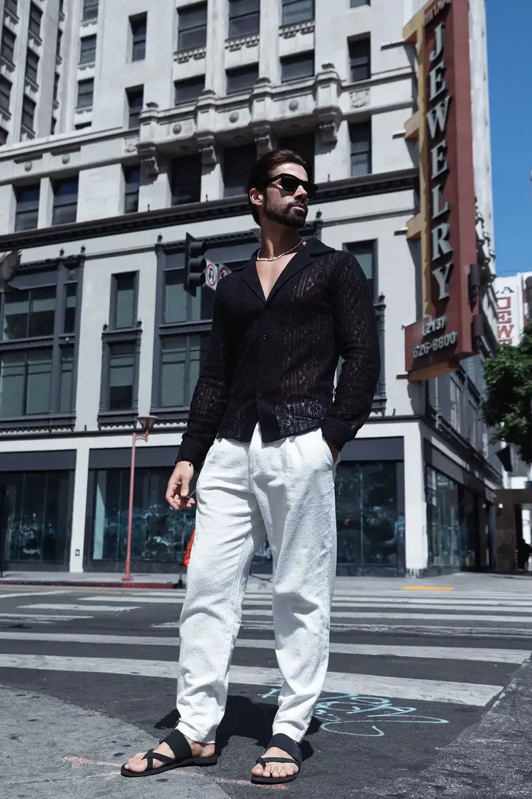 Black Lace Collared Long Sleeve Button Down Shirt