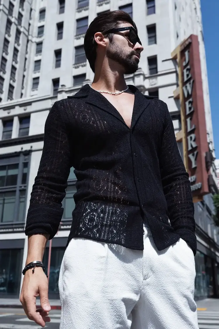 Black Lace Collared Long Sleeve Button Down Shirt