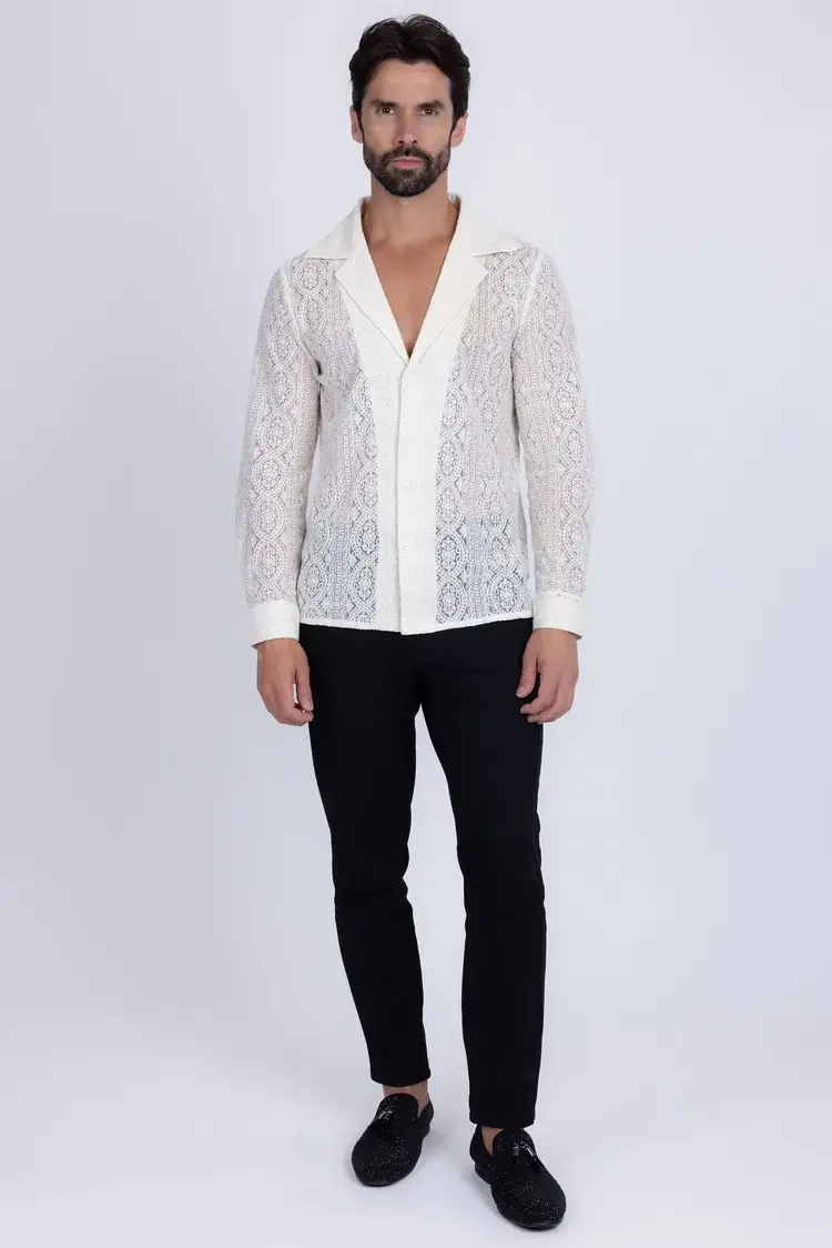 White Lace Collared Long Sleeve Button Down Shirt