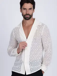White Lace Collared Long Sleeve Button Down Shirt