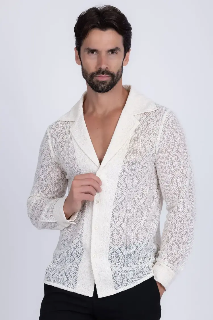 White Lace Collared Long Sleeve Button Down Shirt