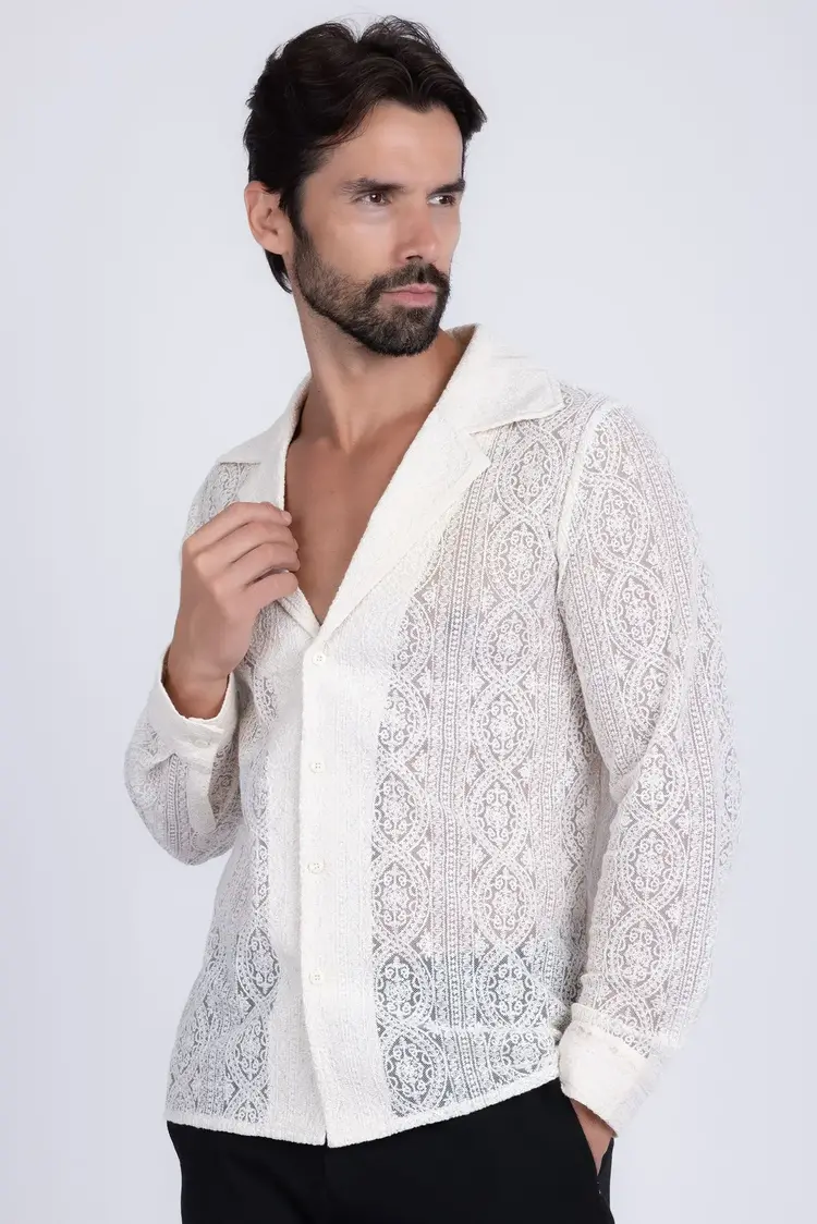 White Lace Collared Long Sleeve Button Down Shirt