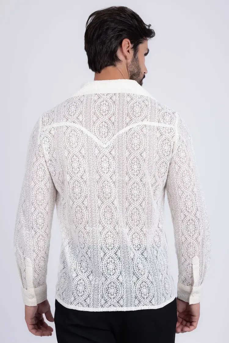 White Lace Collared Long Sleeve Button Down Shirt