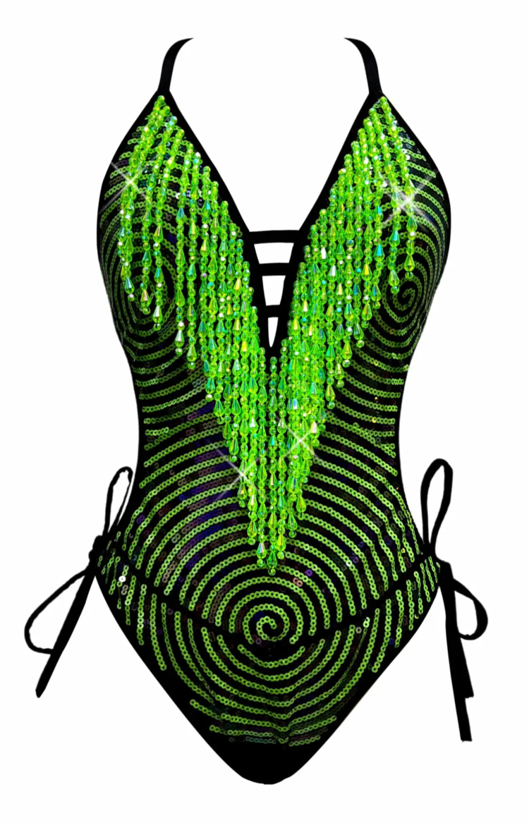 Neon Green Matrix Spiral Fringe Bodysuit