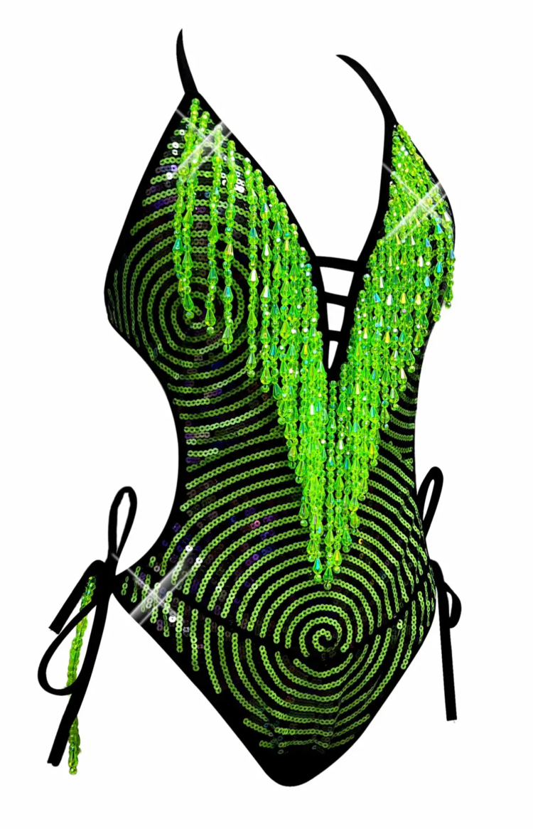Neon Green Matrix Spiral Fringe Bodysuit