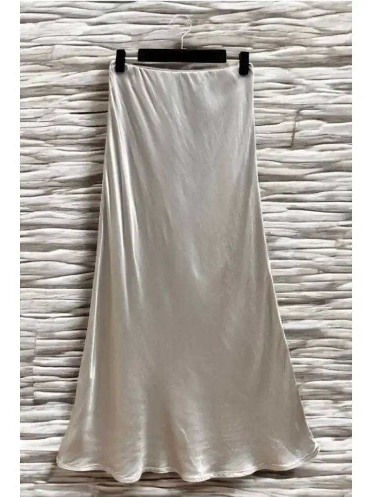 Champagne Italian Viscose Satin Bias-Cut Midi Skirt
