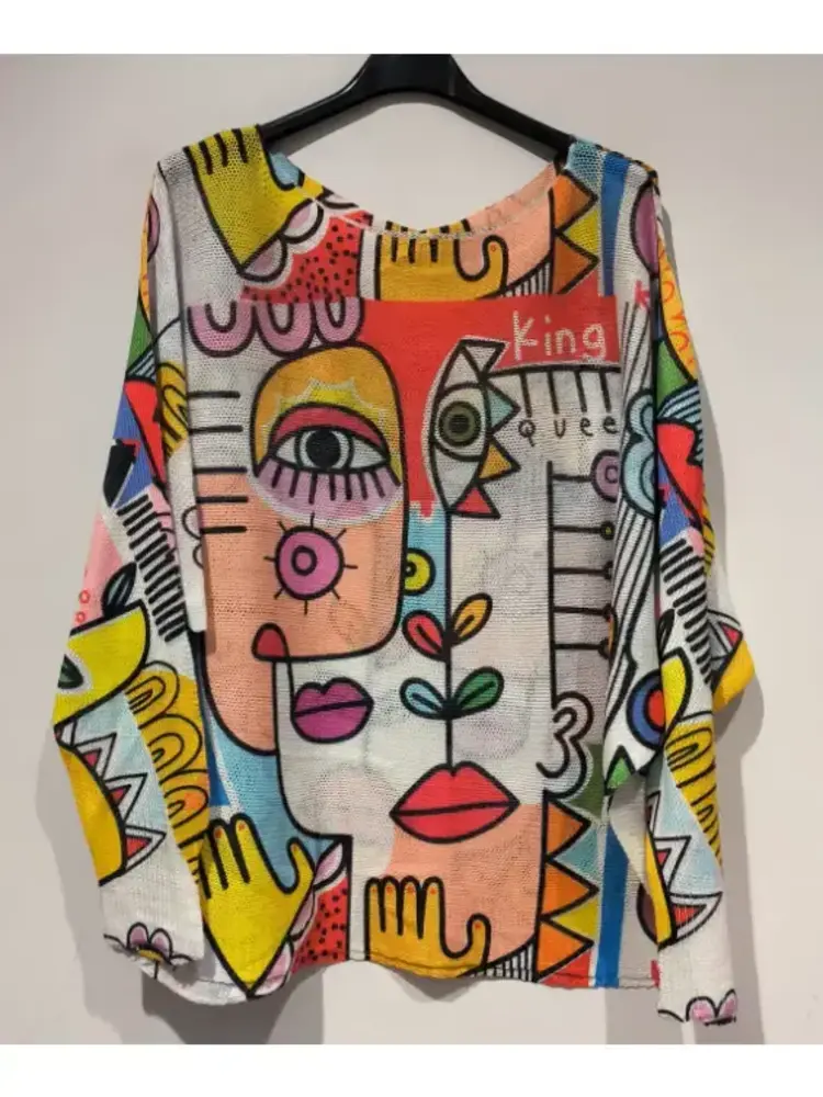 Pisacco V-Neck Knit Printed Long Sleeve Sweater