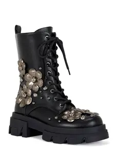 Black 3D Flower Combat Bootie