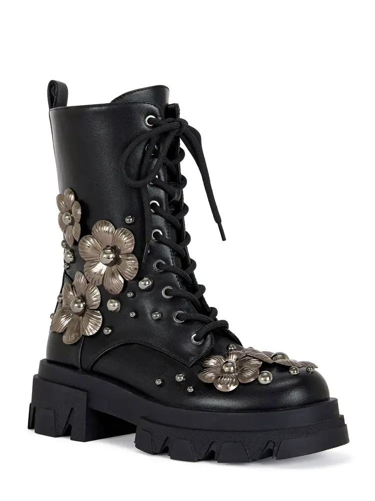 Black 3D Flower Combat Bootie