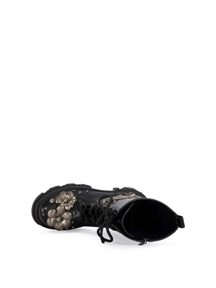 Black 3D Flower Combat Bootie