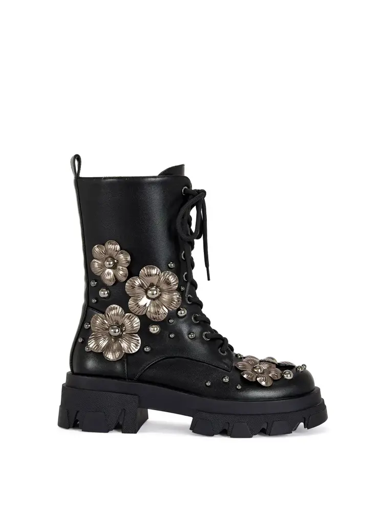 Black 3D Flower Combat Bootie