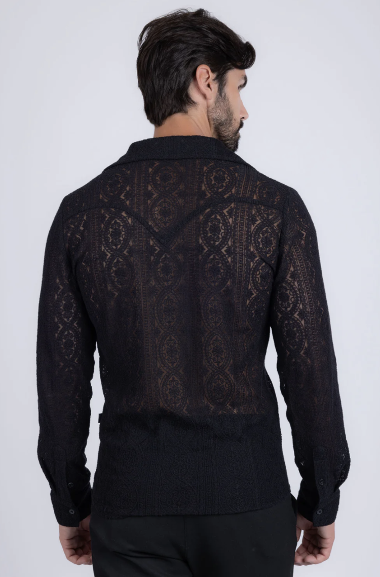 Black Lace Collared Long Sleeve Button Down Shirt