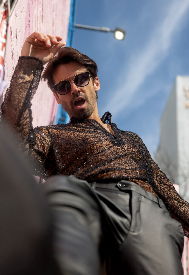 Black Sheer Sequin Long Sleeve V-Neck Shirt