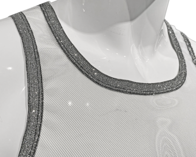 Contrast Glitter Trim Mesh Tank - White Silver