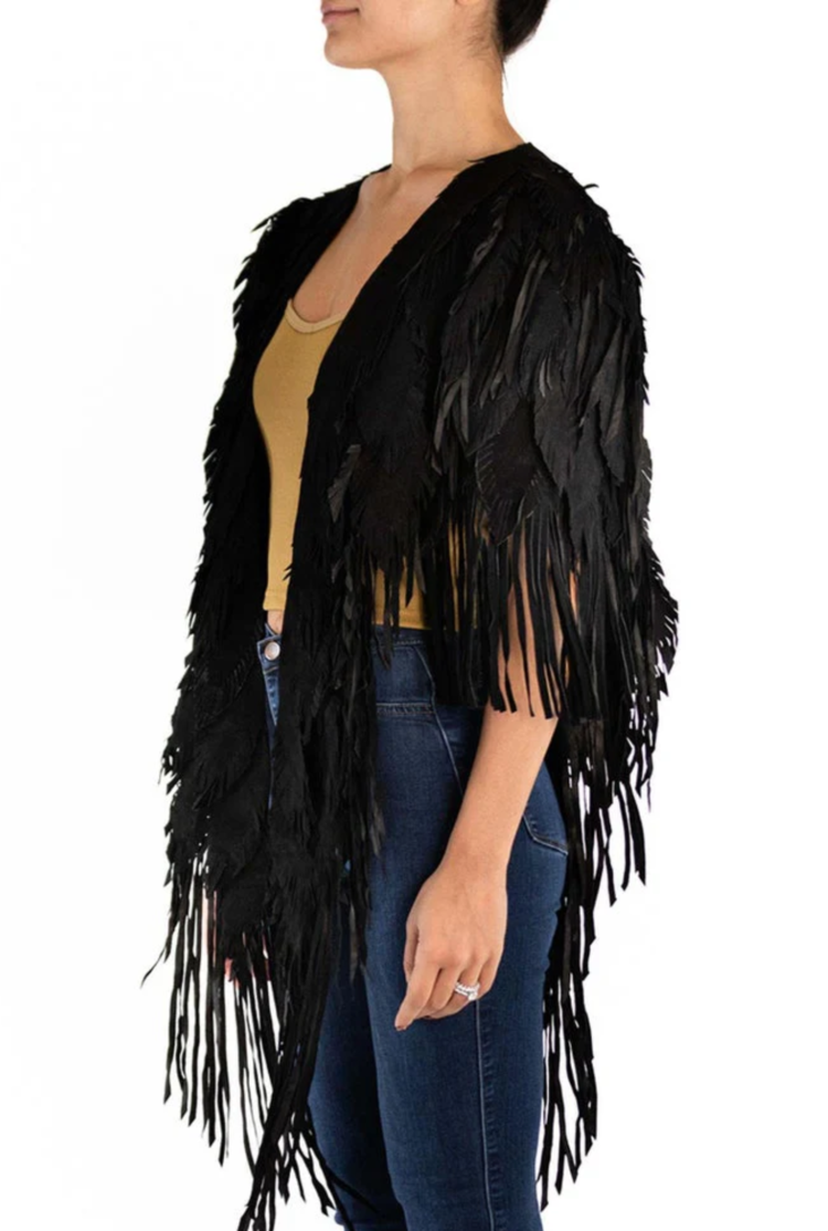 Raven Black Fringe  and Feather Suede  Coat