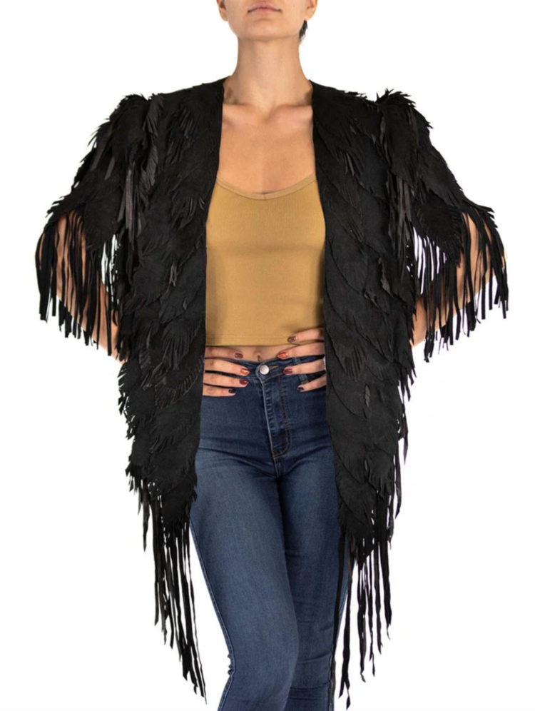 Raven Black Fringe  and Feather Suede  Coat