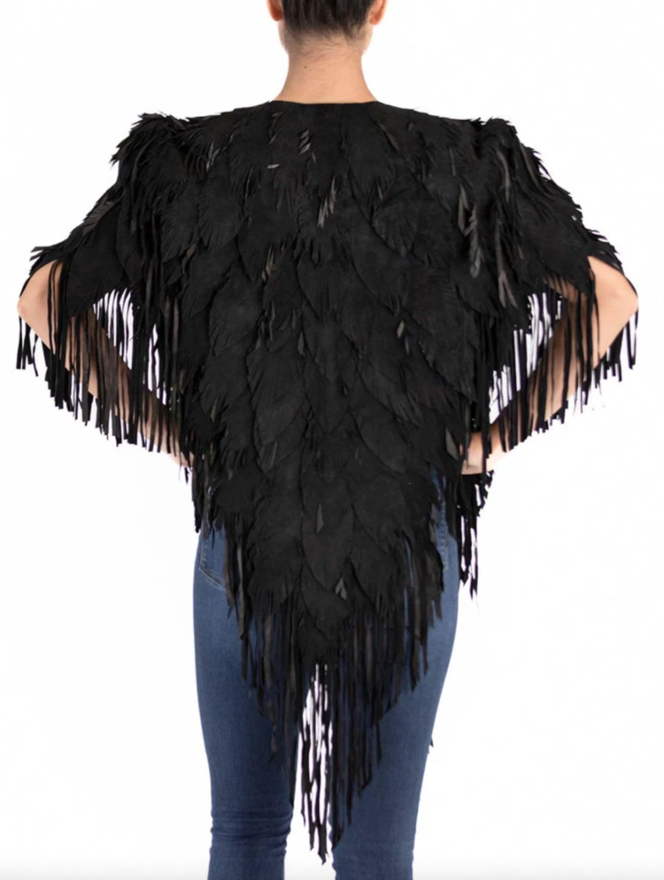 Raven Black Fringe  and Feather Suede  Coat