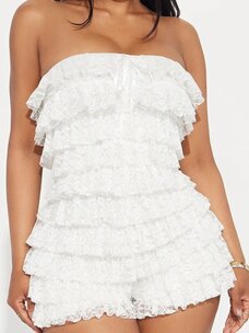 White Romantic Lace Romper With Tiered Ruffles