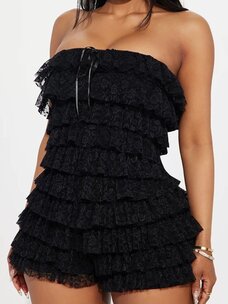 Black Romantic Lace Romper With Tiered Ruffles