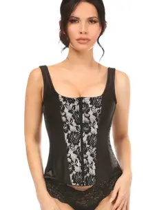 White Satin w/ Black Lace Overlay Steel Boned Corset w/ Straps