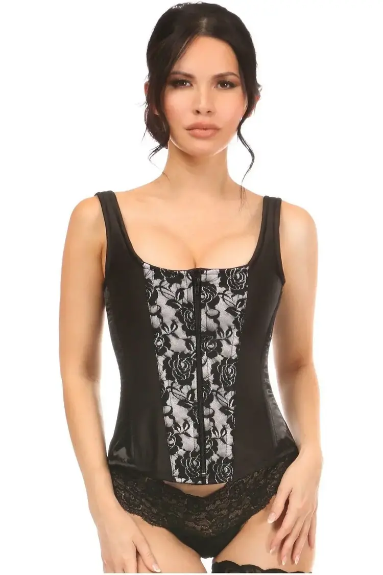 White Satin w/ Black Lace Overlay Steel Boned Corset w/ Straps