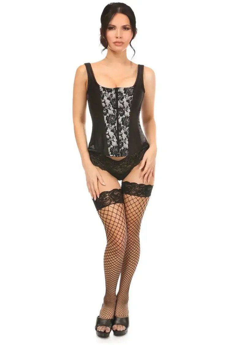 White Satin w/ Black Lace Overlay Steel Boned Corset w/ Straps