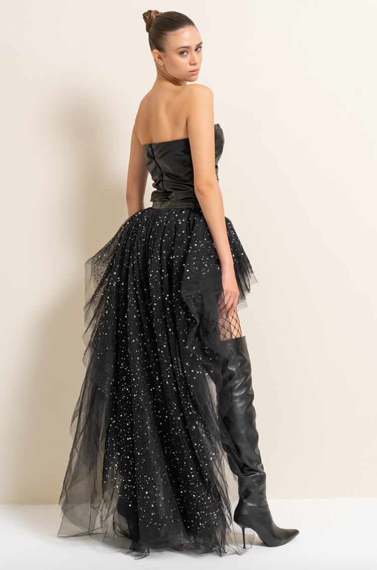 High-Low Rhinestone Peplum Skirt Black/Silver