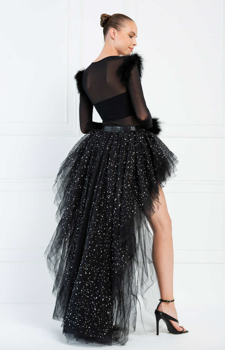 High-Low Rhinestone Peplum Skirt Black/Silver