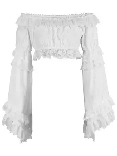 White Lace Smocked Flare Sleeve Peasant Top-Regular