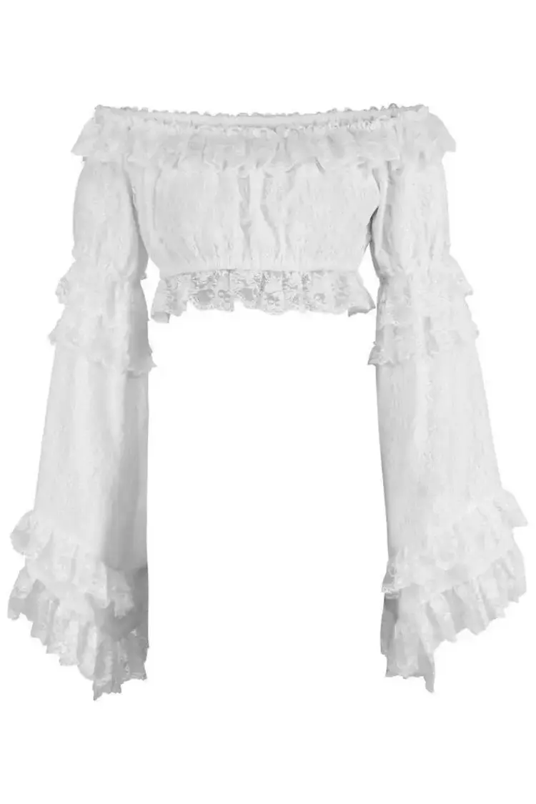White Lace Smocked Flare Sleeve Peasant Top-Regular