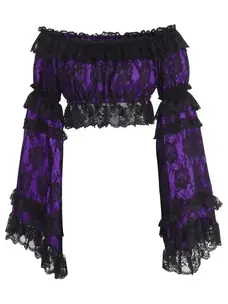 Purple/Black Lace Smocked Flare Sleeve Peasant Top-Regular